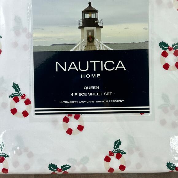 Christmas Holiday Nautica Queen Sheet Set Red White Life Preserver Wreath NEW - Picture 1 of 9